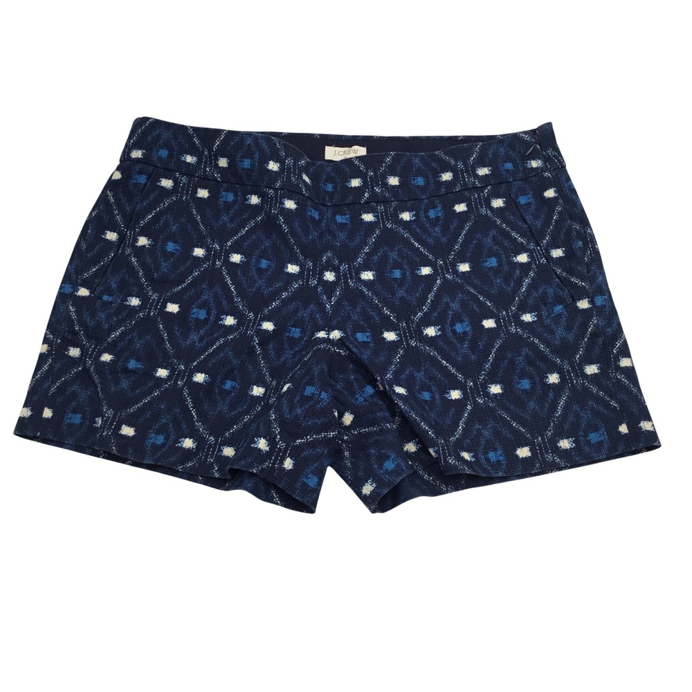 J.Crew Indigo Blue Ikat Diamond Print Shorts Side Zip Size 6 Geometric Woven - Picture 1 of 10